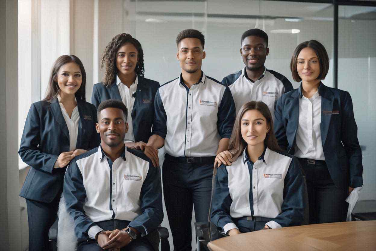 Tim profesional mengenakan seragam kerja berkualitas dengan logo perusahaan menunjukkan peran penting seragam dalam membangun citra bisnis