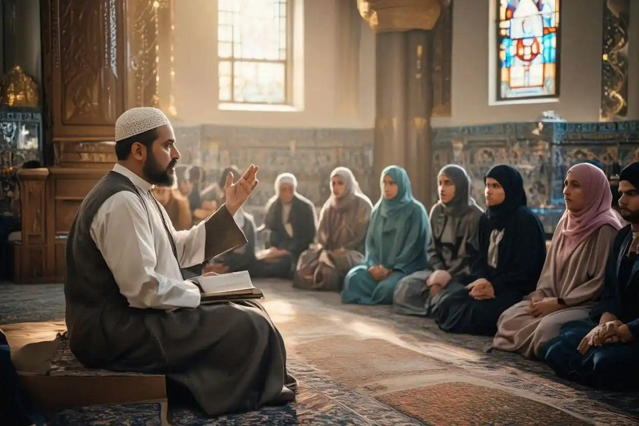 Ilustrasi kajian ulama mengenai kafarat puasa dalam islam saat memberikan penjelasan kepada jamaah