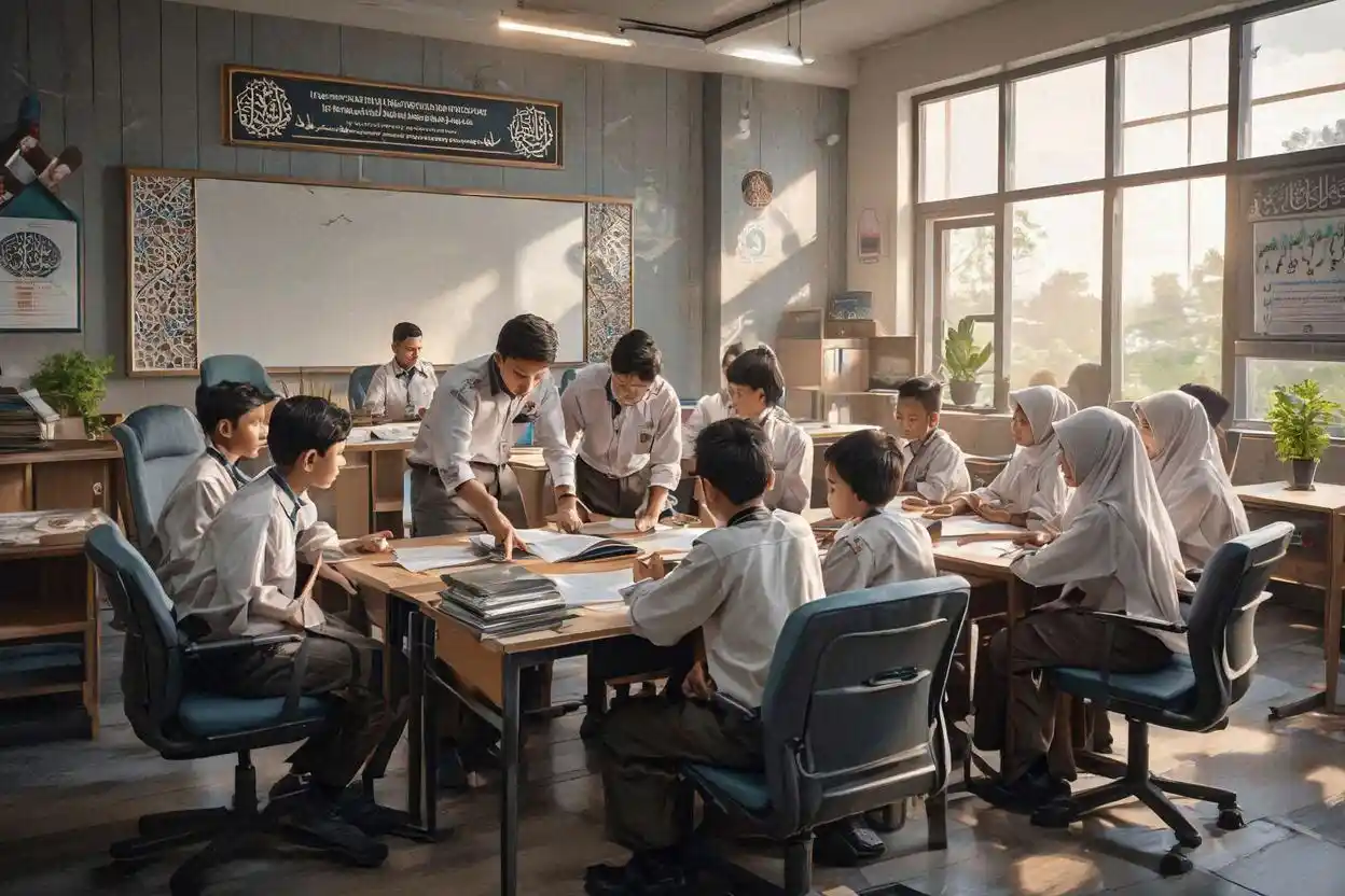 Kegiatan belajar di SMP Islam modern Jogja dengan siswa berdiskusi aktif bersama guru di kelas bernuansa Islami.