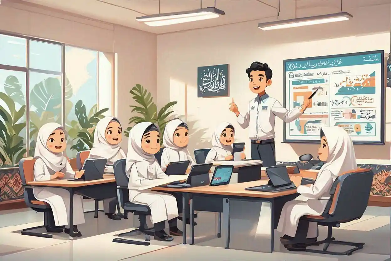 Ilustrasi SMP Islam modern terbaik Jogja dengan suasana belajar teknologi dan nuansa islami yang inovatif