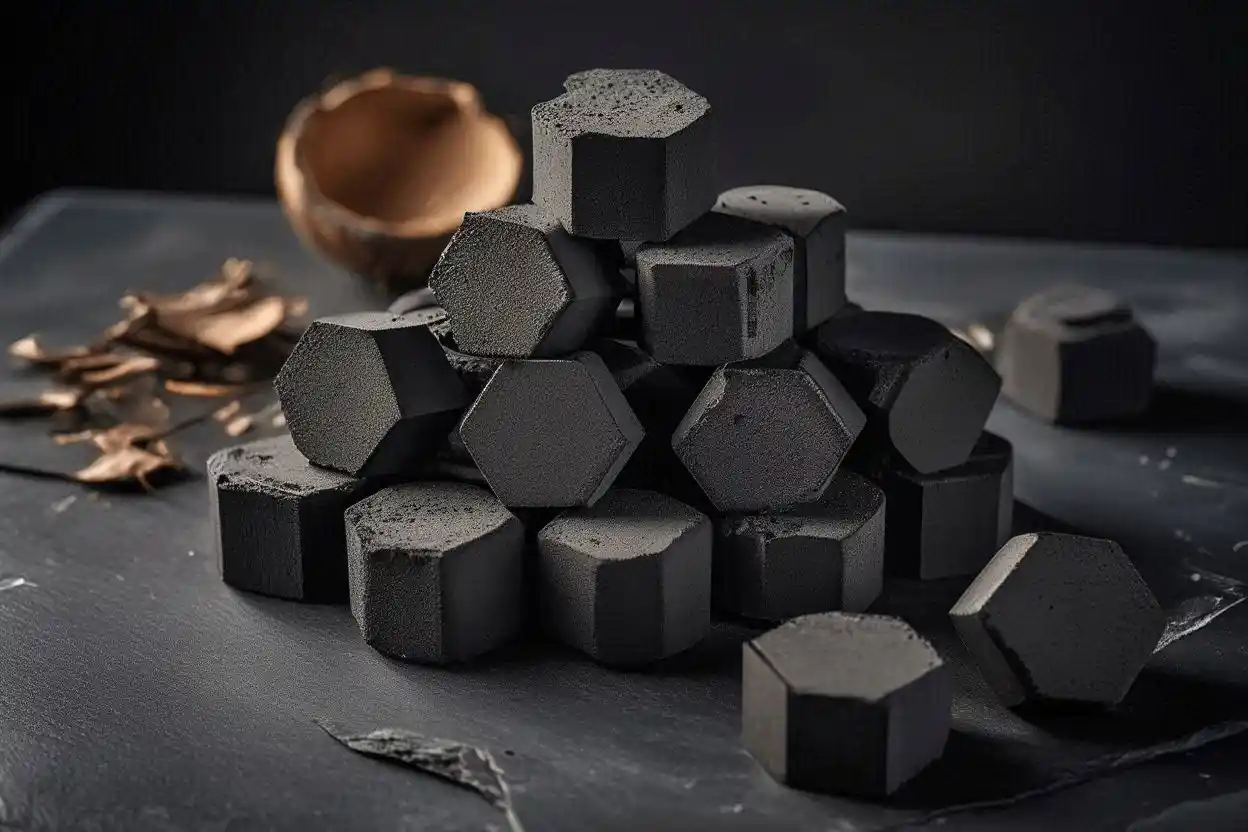Premium coconut charcoal briquettes arranged on dark wooden surface with professional lighting