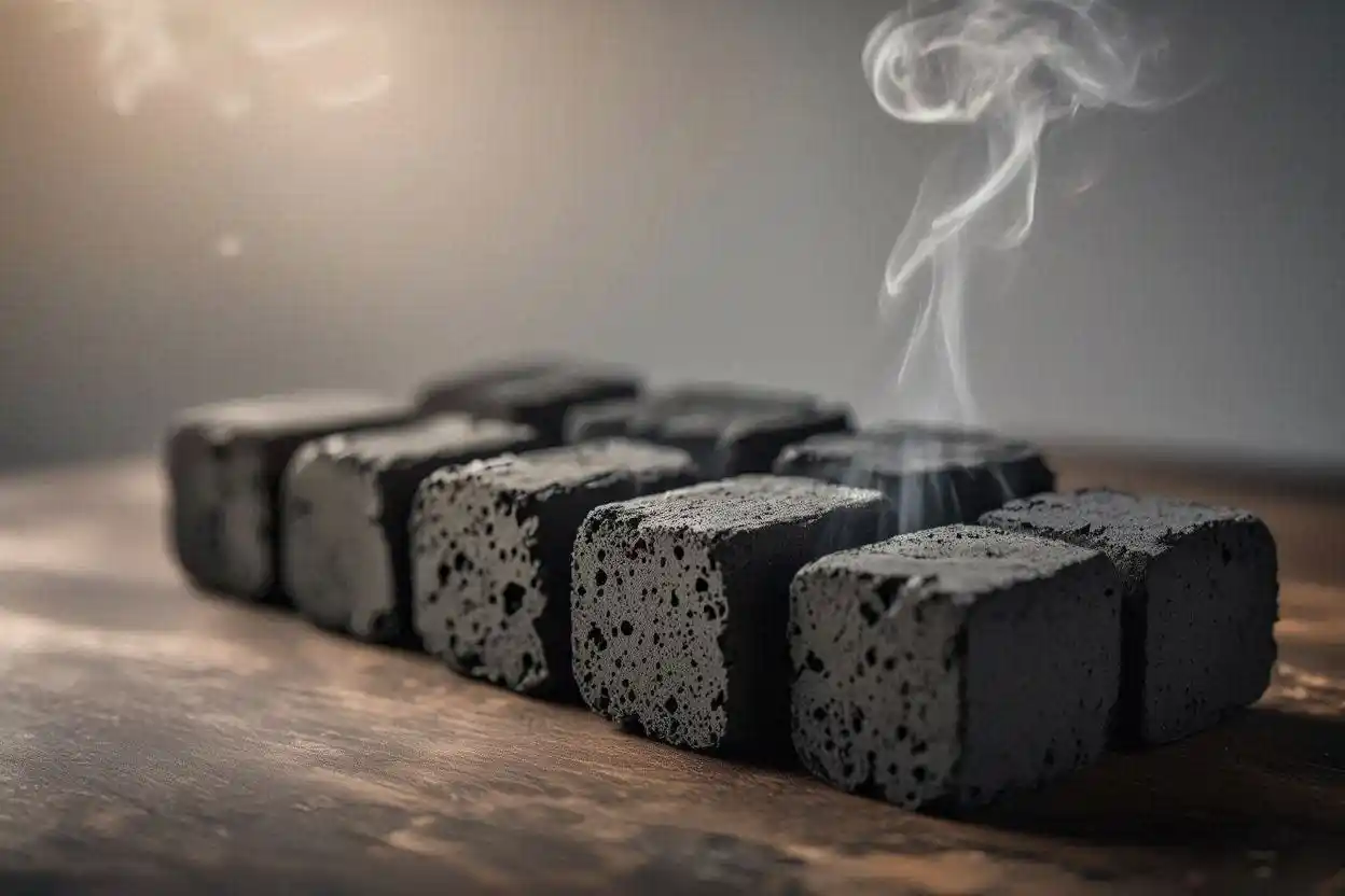 Low emission coconut charcoal briquettes made from coconut shells with minimal smoke