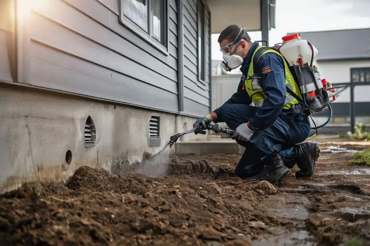 Teknisi jasa anti rayap cepat dan aman melakukan penyemprotan di area fondasi rumah