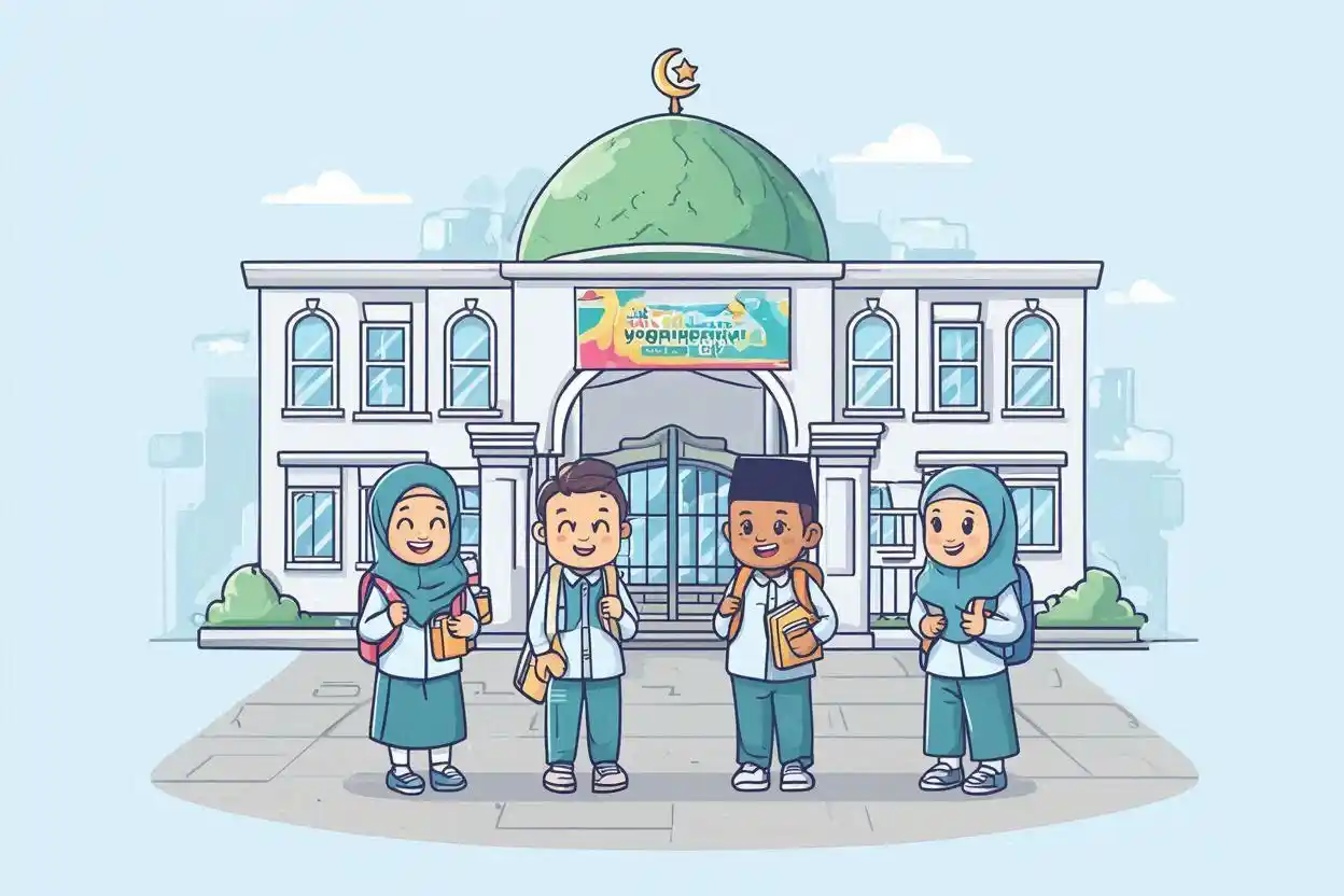 Ilustrasi gedung TK Islam terbaik di Jogja dengan anak-anak di depan sekolah Al Khairaat Yogyakarta