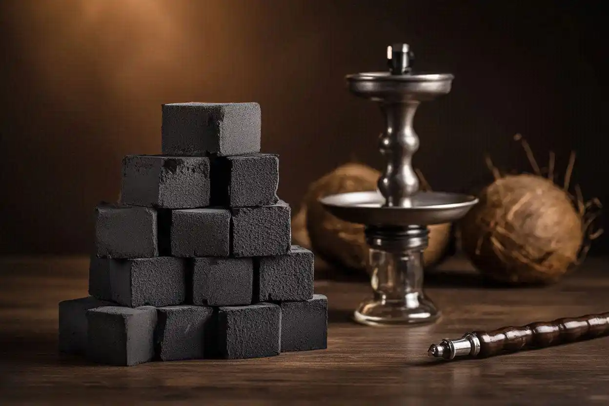 Natural coconut charcoal cubes placed beside a hookah pipe on a dark wooden table