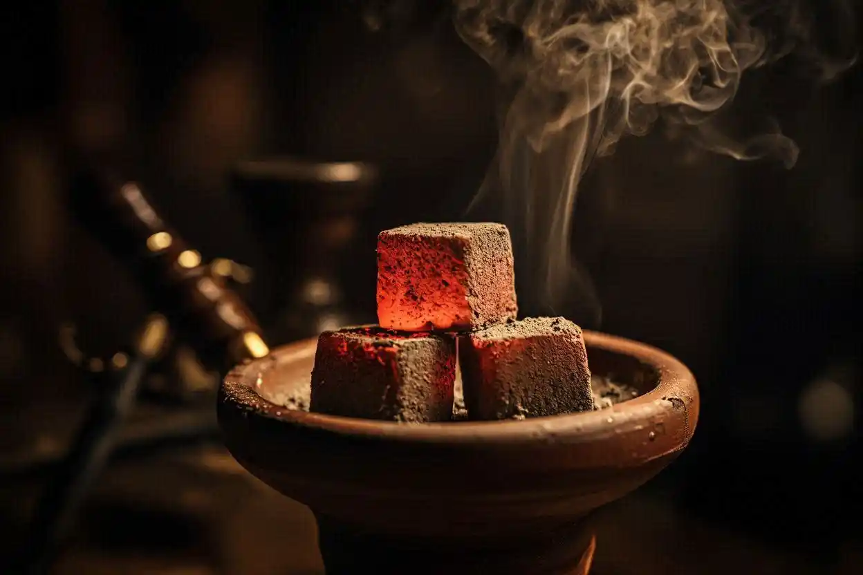 Natural coconut shell charcoal pieces glowing on a hookah bowl during a session