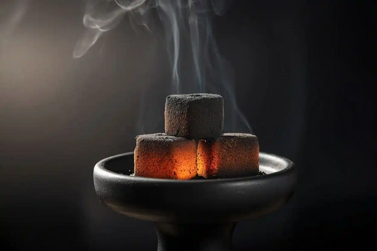 odor free hookah charcoal cubes burning cleanly with no smoke and minimal ash on hookah bowl