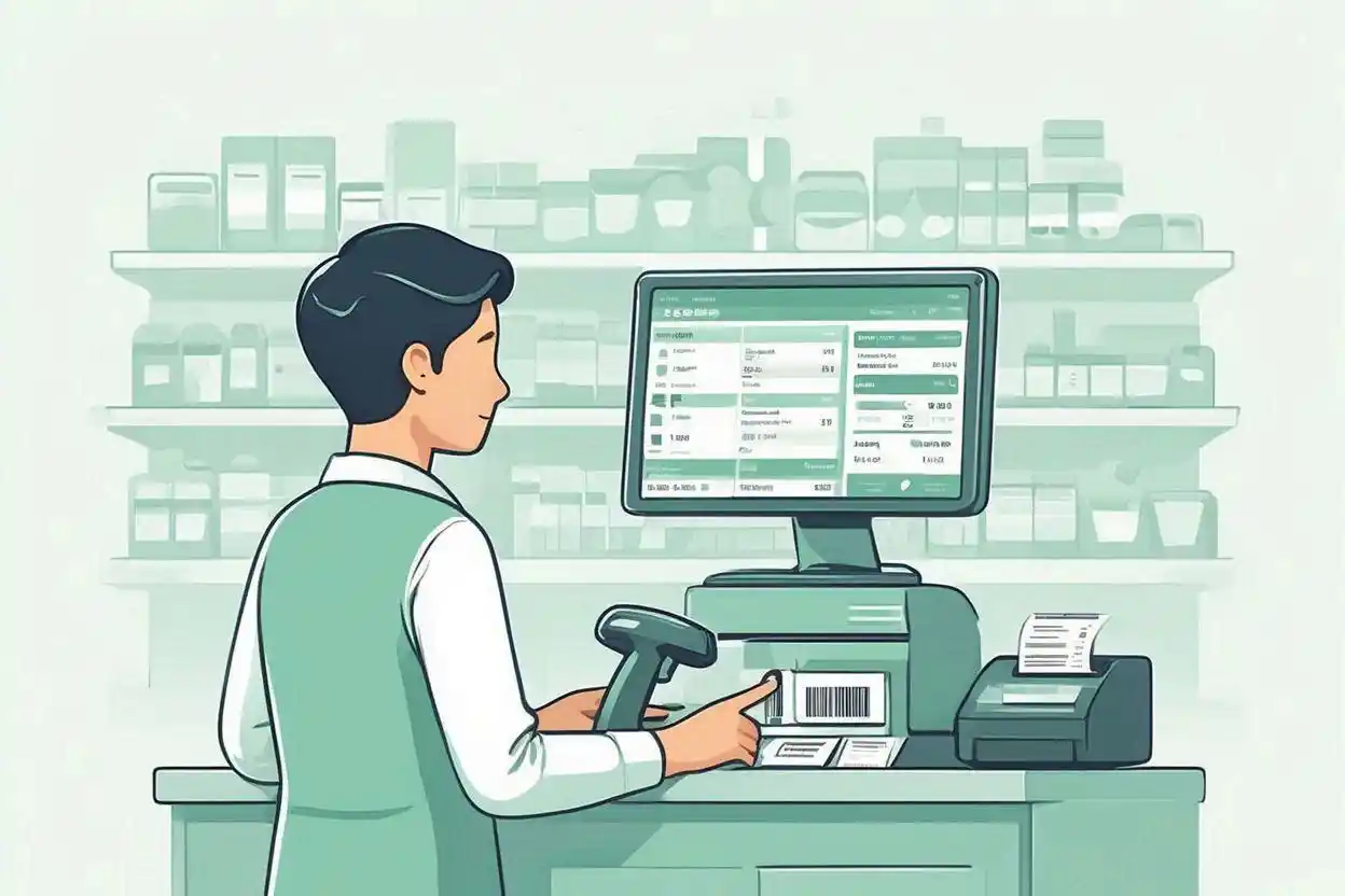 Ilustrasi kasir minimarket menggunakan program kasir minimarket digital dengan layar sentuh dan scanner barcode di konter toko