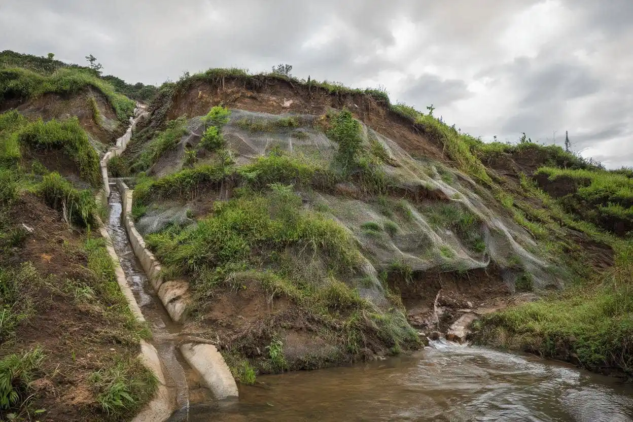 Mitigasi bencana tanah longsor pada area lereng dengan vegetasi dan drainase